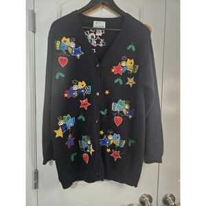 Vintage QUACKER FACTORY Black Cardigan‎ with embroidered angels size Large EUC